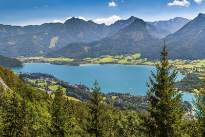 View of alps mountain with wolfgangsee lake from schafberg mountain, austria