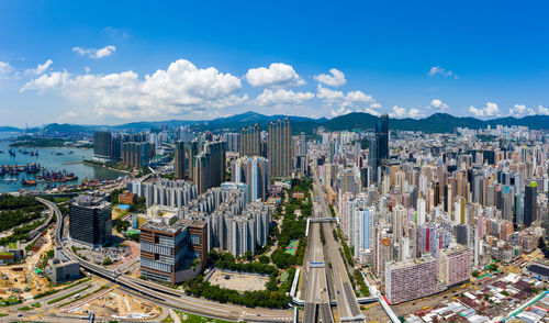 High angle view of buildings in city