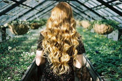 Rear view of woman standing against plants