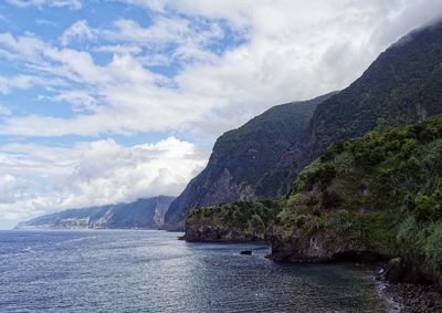 Scenic view of sea and mountains against sky