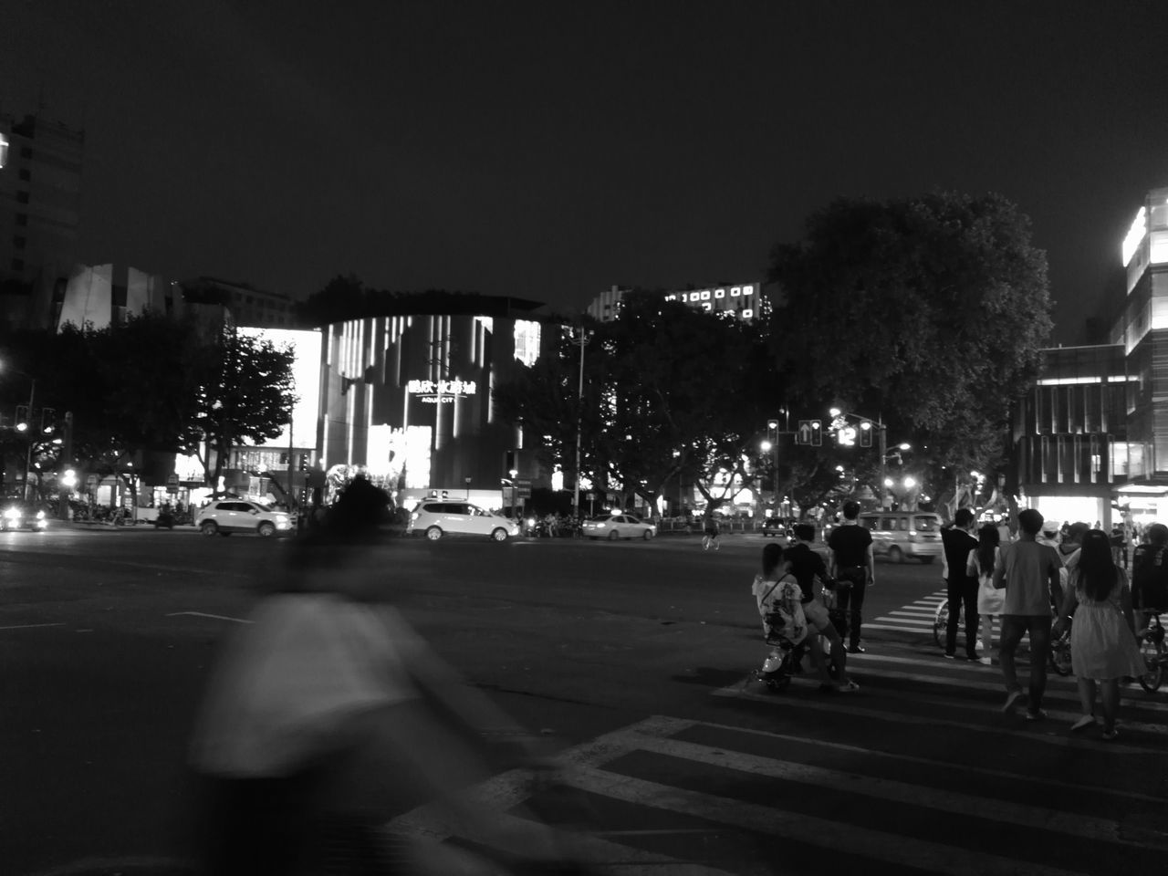 walking, street, city, tree, night, architecture, city street, building exterior, built structure, road, city life, outdoors, blurred motion, illuminated, transportation, large group of people, real people, men, pedestrian, group of people, women, sky, people, adult