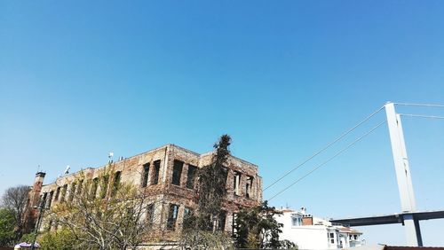 Low angle view of building against clear blue sky