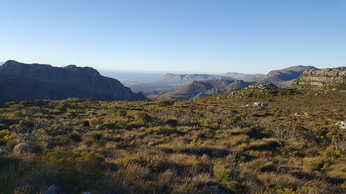 Scenic view of mountains against clear blue sky