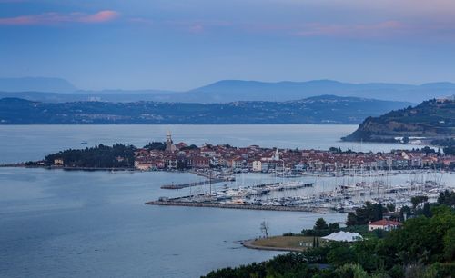 High angle view of town by sea