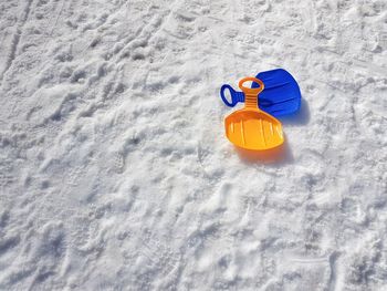 High angle view of toy car on snow