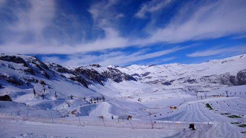 Scenic view of snowcapped mountains against sky