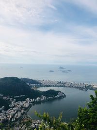 High angle view of bay against sky