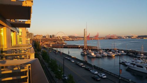 High angle view of harbor in city