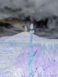 Wind turbines on snow covered land against sky