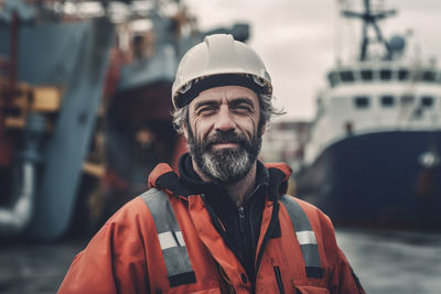 Sailor in port facility near the ship in safety helmet, uniform, boiler suit staying near derrick