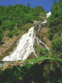 Scenic view of waterfall in forest against sky