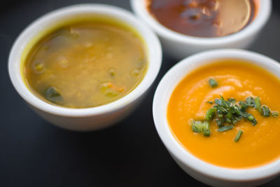 High angle view of soup in bowl on table