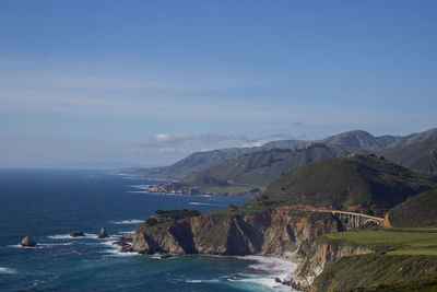 Scenic view of sea and mountains against blue sky