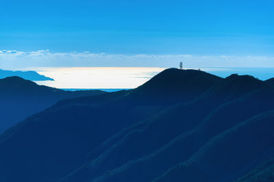 Scenic view of mountains against cloudy sky with bay on horizon.