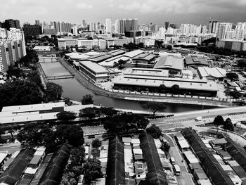 High angle view of street amidst buildings in city