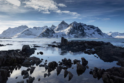 Scenic view of snowcapped mountains by sea against sky