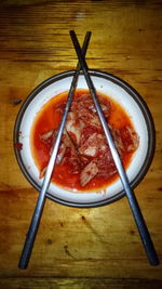 High angle view of food in bowl on table