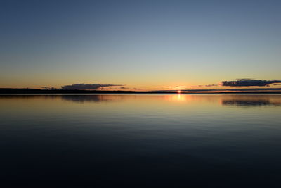 Scenic view of lake against clear sky during sunset