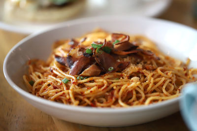 Close-up of noodles served in bowl