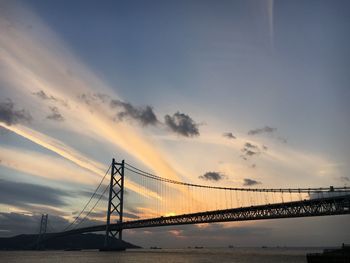 Suspension bridge over sea against sky during sunset