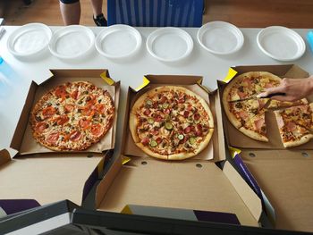 High angle view of food served on table