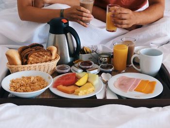 High angle view of breakfast in bed