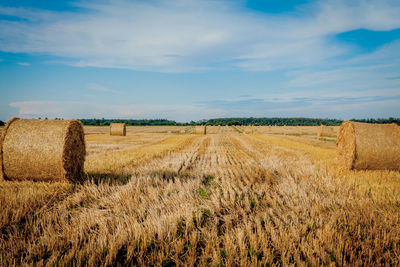 Hay bales on field against sky