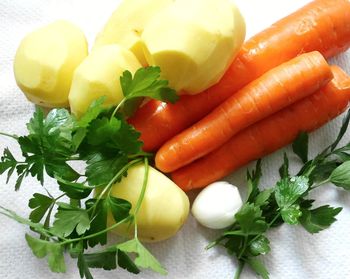 High angle view of chopped vegetables on table
