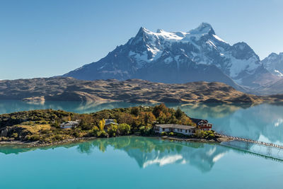 Scenic view of lake and mountains against sky