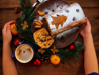 Christmas fruitcake with powdered sugar tangerine cranberry fir tree festive decoration stollen cake 