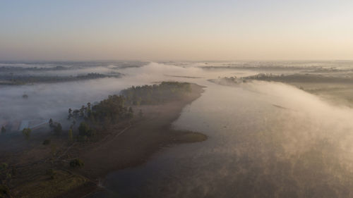 Aerial view lake landscape mist in the morning winter sakon nakhon, thailand.