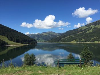 Scenic view of lake and mountains against sky