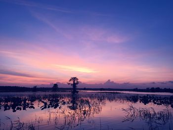 Scenic view of lake against sky during sunset 