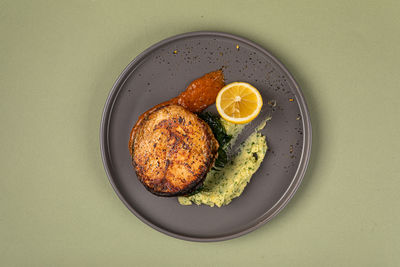 High angle view of food in plate on table