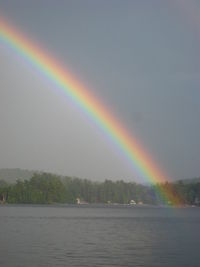 Rainbow over river against sky