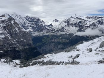 Scenic view of snowcapped mountains against sky