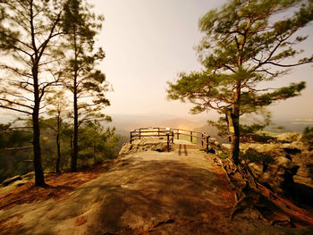 Full moon night with sunrise in beautiful  park. peaks and hills increased from fog. first sun rays.