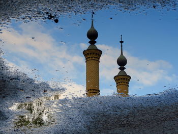 Cathedral reflecting on puddle at street