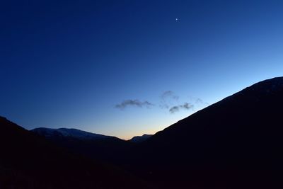 Scenic view of silhouette mountains against blue sky at dusk