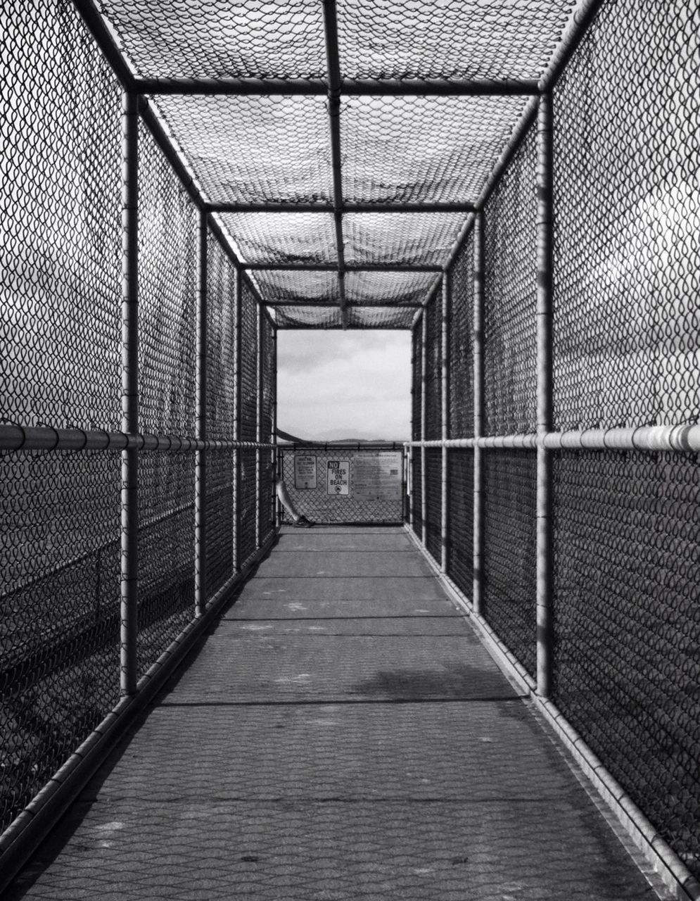 the way forward, architecture, built structure, diminishing perspective, vanishing point, railing, indoors, walkway, building exterior, long, pattern, footbridge, day, metal, narrow, no people, empty, bridge - man made structure, sky, connection