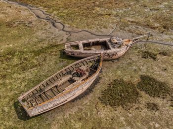 High angle view of abandoned boat on land