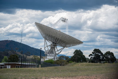 Traditional windmill on field against sky