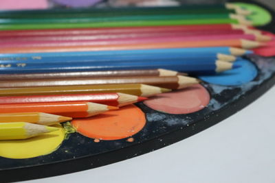 High angle view of multi colored candies on table