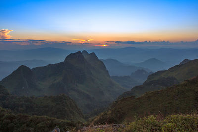 Scenic view of mountains against sky during sunset