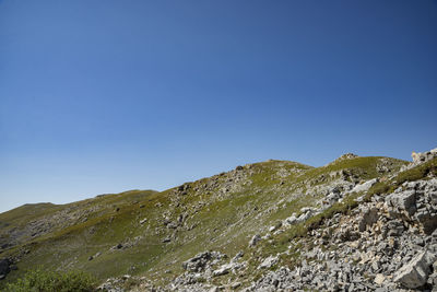 Low angle view of mountains against clear blue sky