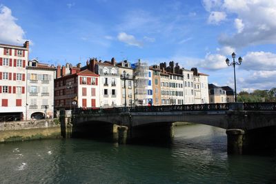 Bridge over river in city against sky