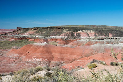 Scenic view of dramatic landscape against clear blue sky