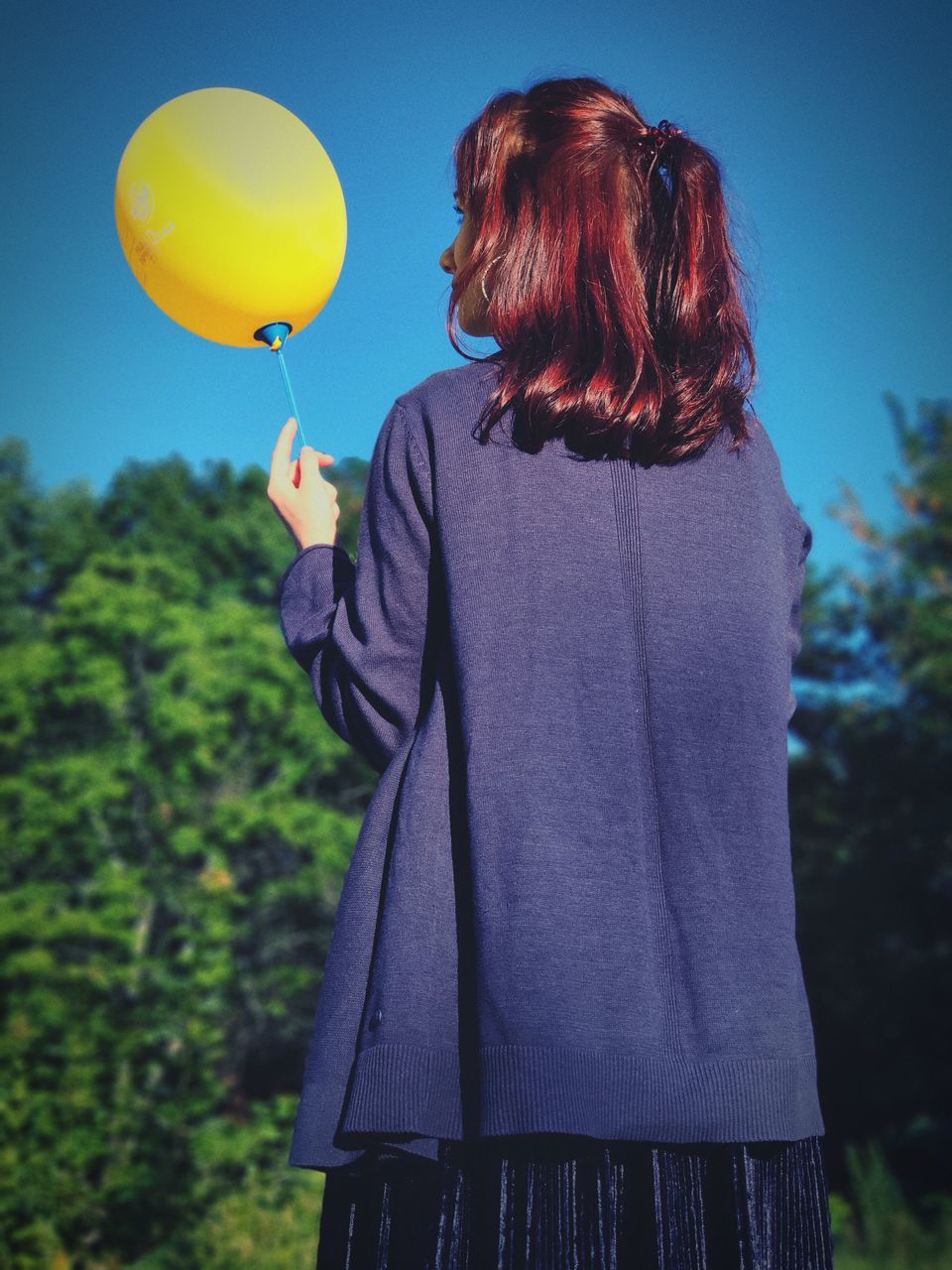 balloon, real people, standing, one person, leisure activity, lifestyles, women, rear view, holding, plant, casual clothing, waist up, nature, sky, focus on foreground, fragility, day, adult, tree, hairstyle, outdoors, obscured face