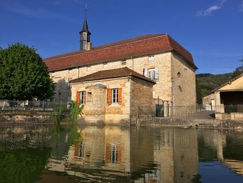 Exterior of old building by lake against sky