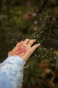 Midsection of woman touching plant